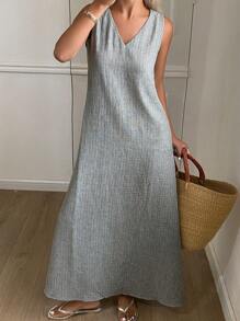 DAZY Váy midi chữ A kẻ sọc rộng cổ chữ V cho nữ, phong cách nghỉ dưỡng cho mùa hè, váy thường ngày cho nữ - màu xanh lá - Xem 3
