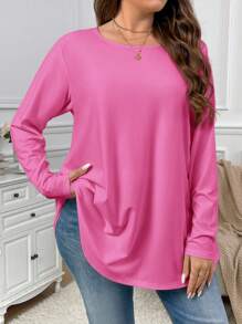 SHEIN Privé Plus Size Elegant Casual Loose Long Sleeve Round Neck Solid Color Basic Undershirts And Outerwear Swing Hem T-Shirt