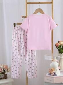 Set de 2 piezas de top casual y pantalones con estampado de gato lindo para niñas, cómodo - Rosa - Ver 2