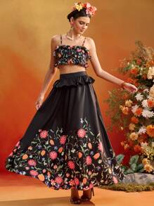Frida Kahlo X SHEIN X Designer Oxana Black Floral Print Ruffle Waist Flowy A-Line Elegant Skirt For Women Holiday Summer