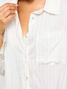 超大号亚麻纽扣衬衫办公室休闲长袖衬衫商务专业工作服简约经典纹理 - 白色 - 查看 4