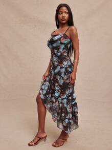 NYA SZN Vestido con volantes medianos y abertura, tirantes delgados, vestido de verano para fiesta, vestido sexy para eventos, vestido elegante para festivales occidentales, conciertos, fiestas, vacaciones, primavera, brunch, graduación, boda, Pascua, color azul pastel con estampado de mariposa para mujer