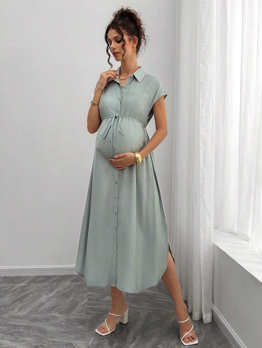 Momance Vestido de maternidad de un solo color con bolsillo delantero en el cuello y bajo con abertura alta - Verde militar - Ver 1