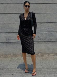 DAZY 女士弹力蕾丝 V 领长袖性感中长连衣裙，秋季连衣裙 - 黑色 - 查看 4