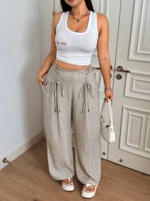 SHEIN EZwear Plus Size Women Summer Vacation Colorful Button Pants Graduation,Back To School,Teacher Outfits For Women - Black - View 4