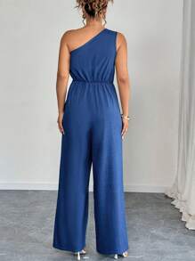 Elenzga Plus Size Women Spring/Summer Elegant Dignified Ruffle Hem Oblique Shoulder Collar Wide Leg Long Jumpsuit - Blue - View 2