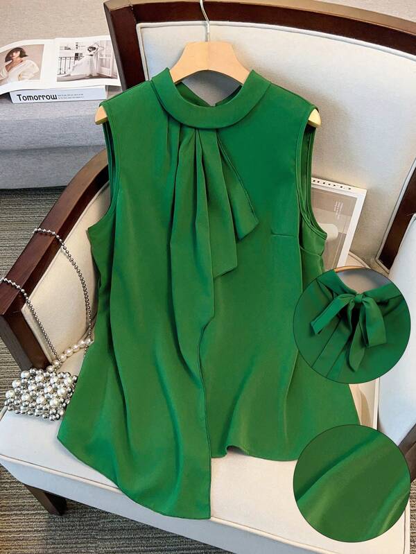 Regalyn Plus Size Women's Stand Collar Backless Tie-Back Front-Slit Elegant Blouse Shirt