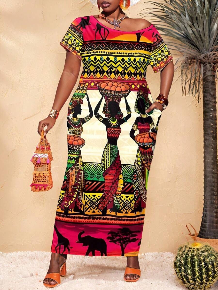 Maweii Vestido con bolsillo y diseño de silueta de animal de manga corta y cuello redondo para mujer talla grande