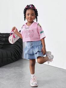 SHEIN Young Girl Denim Ruffle Hem A-Line Skirt, Spring And Summer Casual Vacation - Light Wash - View 6