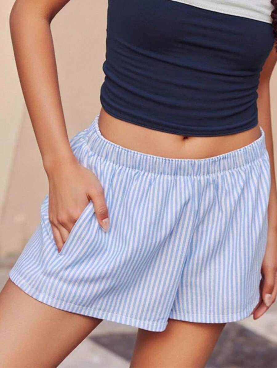 SHEIN Damen Blaue & Weiße Gestreifte Lässig Shorts - Blau-Weiß - Übersicht 1