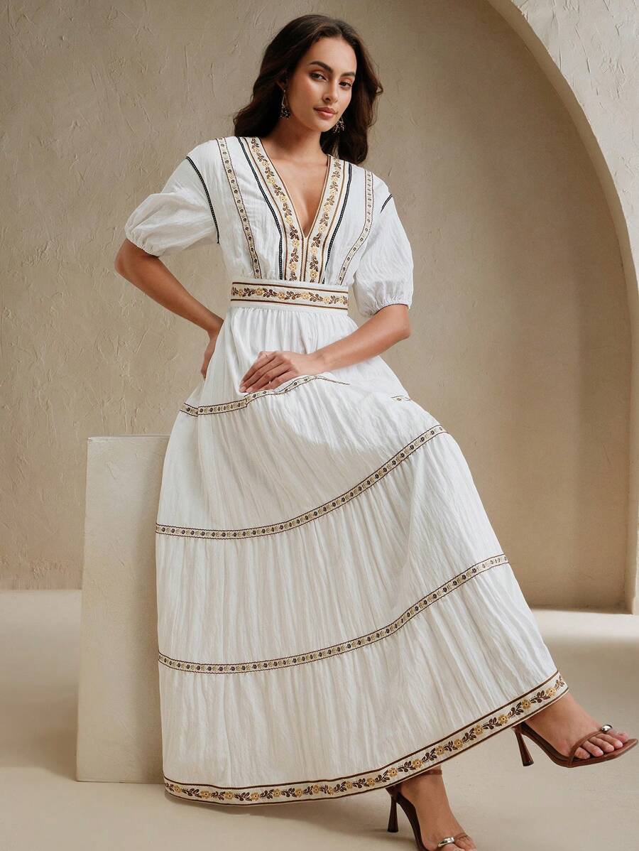Anewsta Đầm Maxi Resort Tay Ngắn Cổ Chữ V Màu Trắng Cho Nữ - trắng - Xem 1