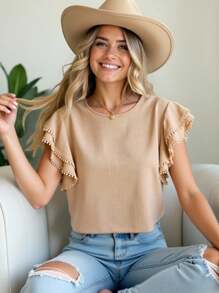 SHEIN LUNE 素色蝴蝶袖襯衫 - 杏色 - 查看 1