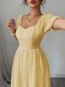 Modelyn 女士优雅甜美泡泡袖提花面料喇叭裙，夏季时尚风格 - 黃色 - 查看 4