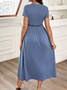 SHEIN Maternity Solid Color Round Neck Short Sleeve Casual Breastfeeding Dress - Blue - View 2