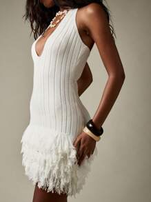 MISSGUIDED 奢华露背迷你毛衣裙，带羽毛流苏下摆，罗纹针织，派对俱乐部服装，特殊场合，节日时尚 - 白色 - 查看 5