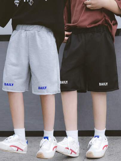 2pcs Tween Boys Simple Basic Casual Shorts, Black & Grey, Summer Outdoor