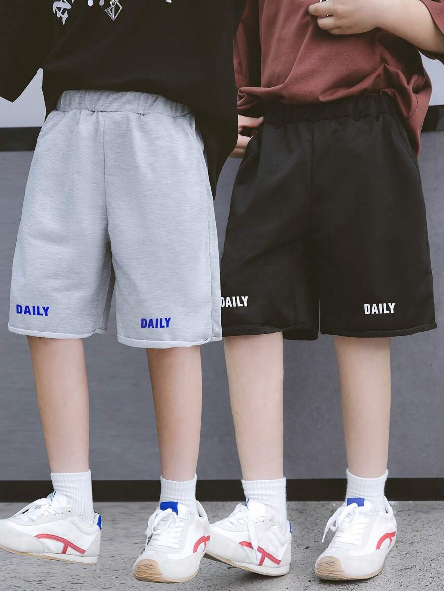 2 件青少年男童简约基本款休闲短裤,黑色和灰色,夏季户外 - 黑色 - 查看 1