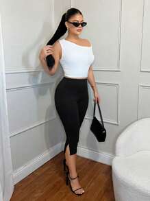 SHEIN SXY Women's Solid Color Casual Slim Fit Split-Hem Capri Leggings, Workout Clothes Women,Business Casual Woman,Going Out Tops Women,Old Money,Teacher Outfits For Women,Capris For Women, Women Summer Clothing - Black - View 6