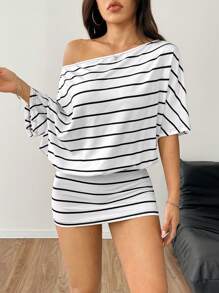 SHEIN EZwear 女士条纹撞色短袖露背迷你连衣裙