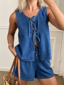 DAZY Conjunto de 2 piezas para mujer de top sin mangas de cuello redondo con cordón y shorts vaqueros casuales sueltos de verano