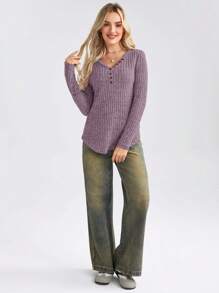 EMERY ROSE Women V-Neck Button Half Placket Long Sleeve Casual T-Shirt, Spring Summer - Purple - View 2