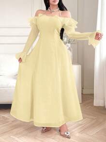 Feyla Women's Elegant Solid Color Ruffle Flare Sleeve Halter Dress - Yellow - View 5