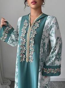 SHEIN Najma Women's Hooded Bell Sleeve Solid Color Print Patchwork Embroidered Ruffle Hem Loose Elegant Turkish Maxi Dress, Suitable For Casual Vacation, Modest Kaftan