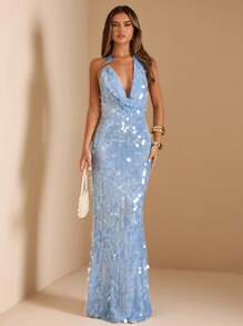 SHEIN BAE Váy Maxi sequin dự tiệc mùa hè hở lưng màu xanh lam, cổ yếm bất đối xứng, trang trí khóa kim loại hở lưng, váy Maxi dự tiệc sequin lấp lánh, váy dự tiệc, váy ôm sát, trang phục câu lạc bộ gợi cảm cho phụ nữ - Màu xanh nhạt - Xem 2