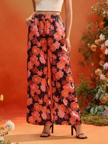 Oxana Frida Kahlo X SHEIN X Designer 满版花卉印花松紧腰口袋阔腿裤，适合夏季女士 - 彩色 - 查看 3