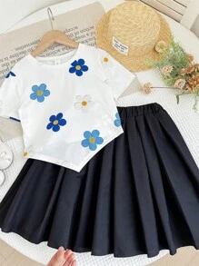 SHEIN LMoss Kids 2件套少女印花针织T恤和迷你裙套装 - 彩色 - 查看 4