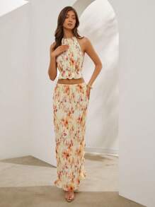 L'Amorae Floral Print Shirred Maxi Skirt For Summer Vacation