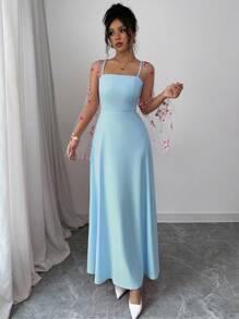 Elenzga 女式刺绣网眼拼接喇叭袖连衣裙 女式长款服装 - 藍色 - 查看 1