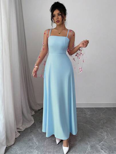 Elenzga 女式刺绣网眼拼接喇叭袖连衣裙 女式长款服装