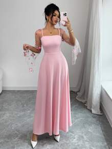 Elenzga 女式刺绣网眼拼接喇叭袖连衣裙 女式长款服装 - 粉色 - 查看 5