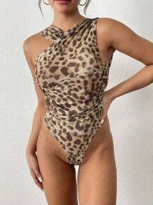 INAWLY Body envolvente sin mangas de mujer talla grande con estampado de leopardo y drapeado