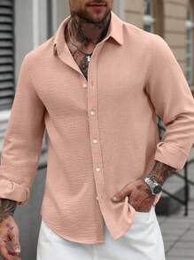 Manfinity Homme Herren Leinenhemd mit Knopfleiste, langärmlig, Lässig Hemd für den Herbst