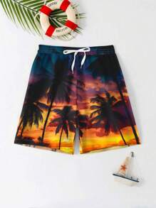 Bermudas de baño casuales con estampado de hojas y corte holgado para adolescentes, adecuado para el verano