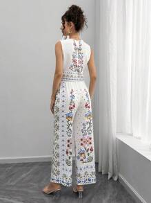 SHEIN 2件套孕妇花卉印花V领无袖上衣和长裤休闲套装 - 彩色 - 查看 2