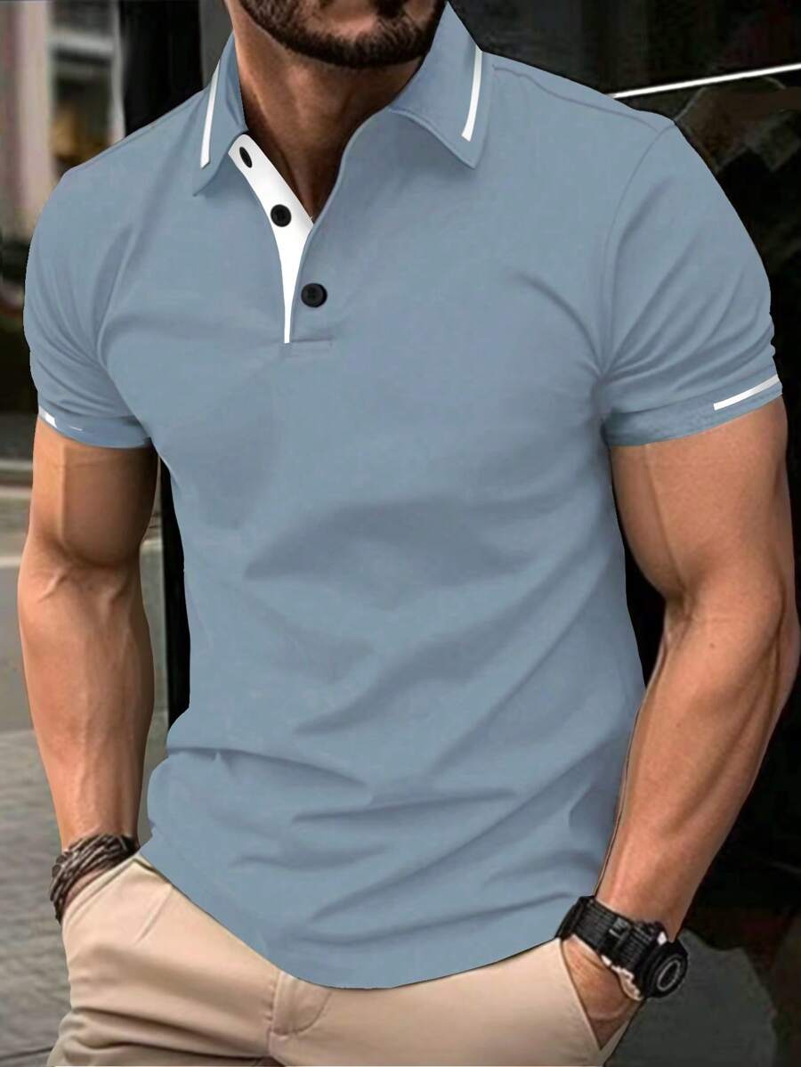 Manfinity Homme Áo thun polo nam tay ngắn kẻ sọc thường ngày/đi làm - Màu xanh bụi bặm - Xem 1