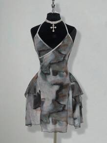 SHEIN ICON Mesh Print See-Through Asymmetrical Hem Halter Neck Tie Mini Dress,Club Outfits Women Sexy,Boho Clothes Women