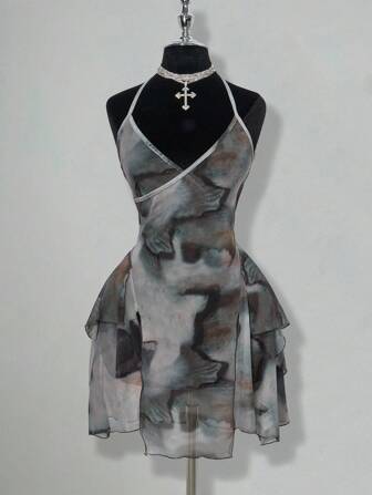 SHEIN ICON Mesh Print See-Through Asymmetrical Hem Halter Neck Tie Mini Dress,Club Outfits Women Sexy,Boho Clothes Women