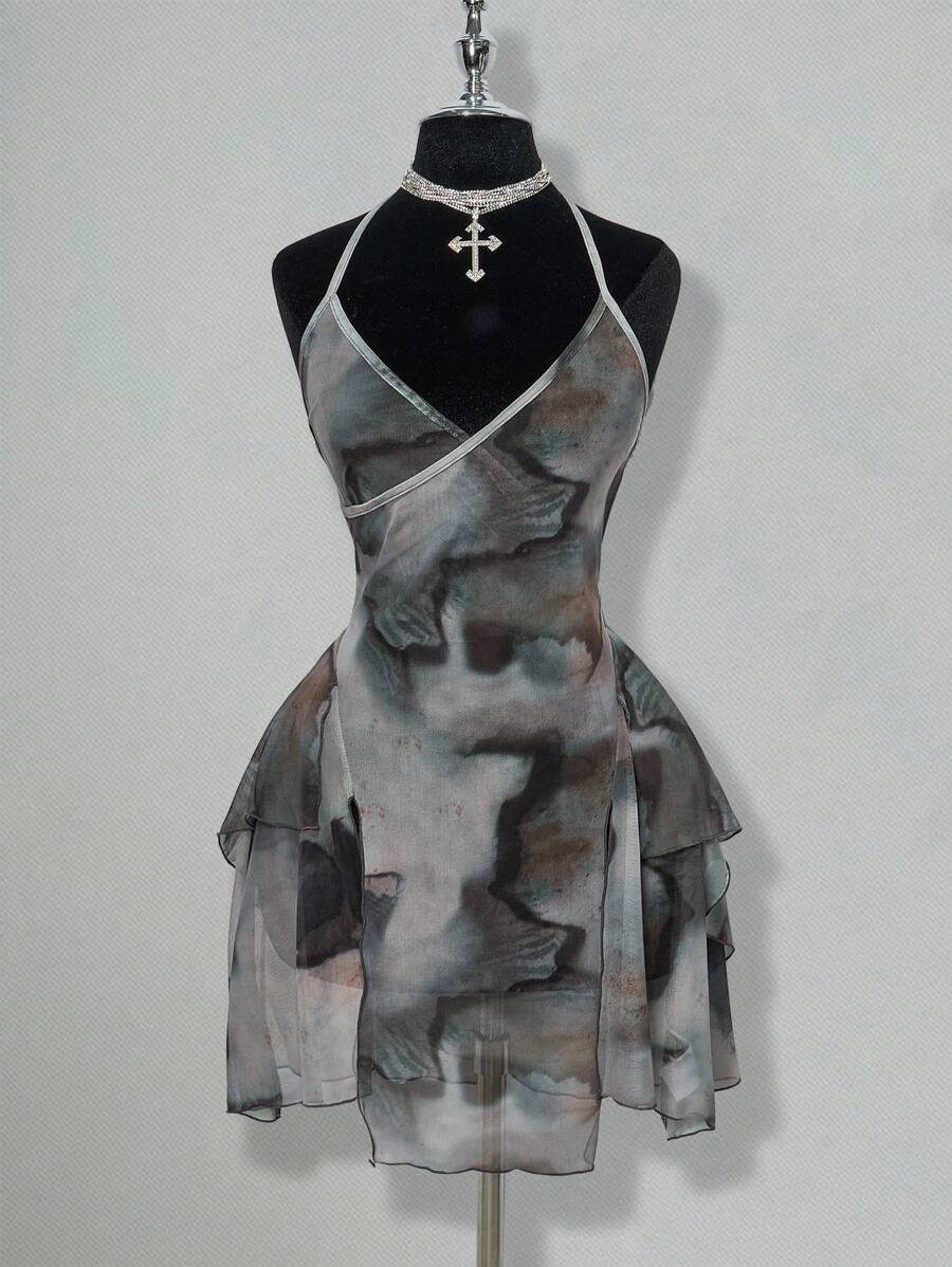 SHEIN ICON Mesh Print See-Through Asymmetrical Hem Halter Neck Tie Mini Dress,Club Outfits Women Sexy,Boho Clothes Women