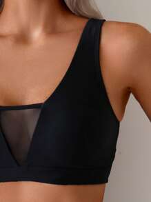 SHEIN Swim Áo tắm liền thân màu đen trơn và lưới cho nữ, thích hợp cho kỳ nghỉ ở bãi biển - màu đen - Xem 4