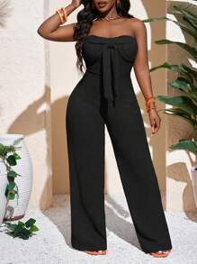 Slaydiva 新款春夏休闲度假性感优雅抹胸蝴蝶结直筒阔腿超长裤橙色针织女式连体裤 - 黑色 - 查看 5