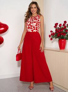 Ellevyn 女士优雅舒适心形印花图案无袖衬衫和阔腿裤两件套，情人节夏季女士连衣裙两件套女士情人节服装 - 彩色 - 查看 8