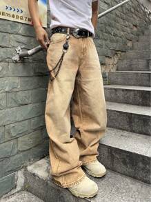 Manfinity EMRG Men's Long Khaki Denim Stacked Wide Leg Jeans Avant-Garde Street Style With Chain Accent