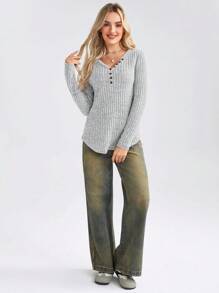 SHEIN LUNE Button Detail Ribbed Knit Tee - Grey - View 2