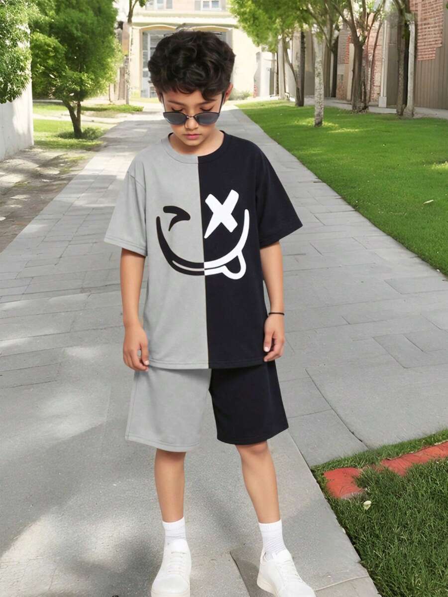 SHEIN Leap Crew 2pcs Tween Boys Casual Cute Graphic Contrast Color Round Neck Short Sleeve T-Shirt And Shorts Set, Suitable For Commuting, School, Daily Casual, Outdoor, Sports, Spring/Summer - Grey - View 1