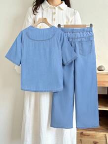 SHEIN 2 Piezas Conjunto casual de moda para niños preadolescentes Y2k Vintage: camisa holgada y cómoda de denim azul de lyocell de manga corta y jeans holgados, cómodos y transpirables de lyocell para ropa de niños, traje diario y atuendos de verano y primavera para festivales y playa