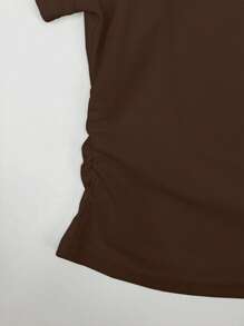 女士夏季半开襟短袖休闲棕色T恤 - 咖啡棕 - 查看 5